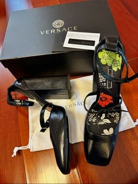 Versace Black Leather Ankle-Strap Heels with Floral Insole